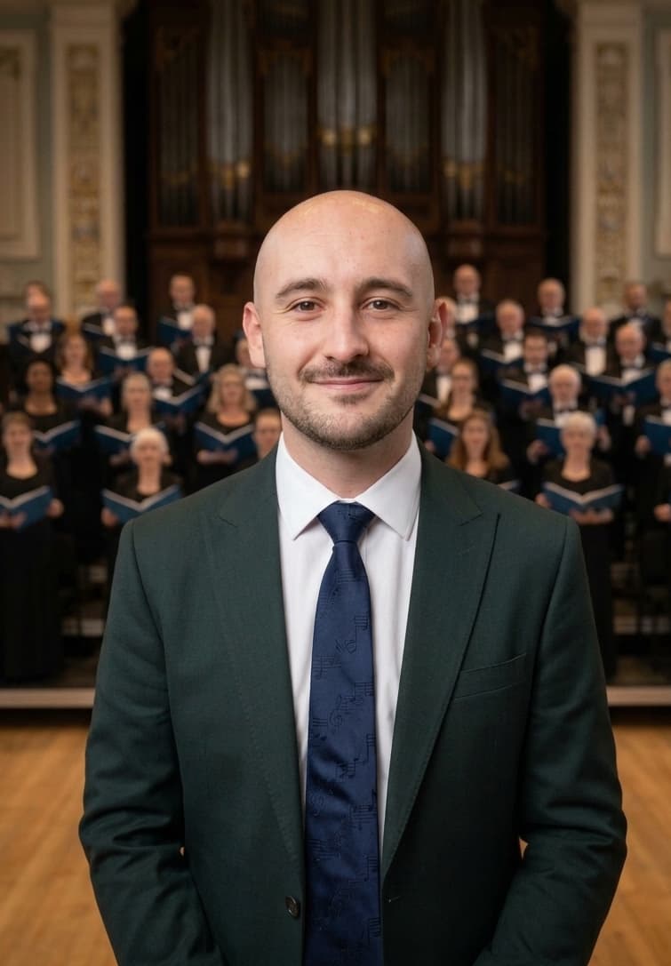 Conductor in a dark suit and blue tie stands facing the camera with a gentle smile, while a choir in dark attire holding blue music folders is seated behind him before a large pipe organ in a historic church hall, creating a formal and welcoming atmosphere.